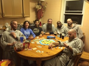 Celebrating with the Friars after a great evening at Catholic Underground NYC with our new favorite game, Settlers of Catan.